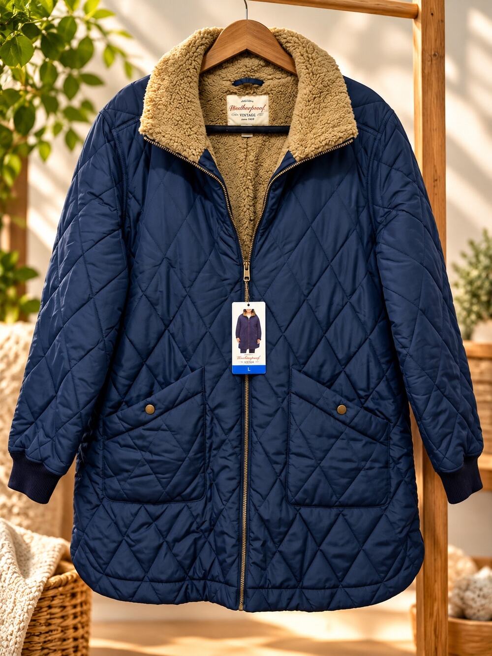 Weatherproof Vintage Women's L Navy Quilted Sherpa Lined Long Coat Jacket/NWT